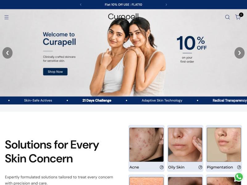 Curapell skincare storefront homepage