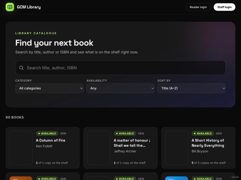 GCM Library catalogue: search 90 books by title, author or ISBN with live availability